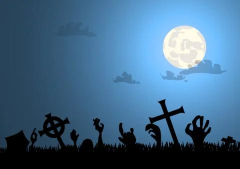 Vector : Zombie hand and graveyard with halloween background Stock Illustration