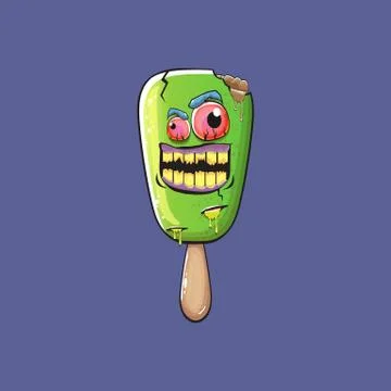 Vector Zombie ice cream with brain and red eyes isolated on blue background Stock Illustration