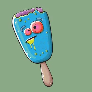 Vector Zombie ice cream with brain and red eyes isolated on green background Stock Illustration