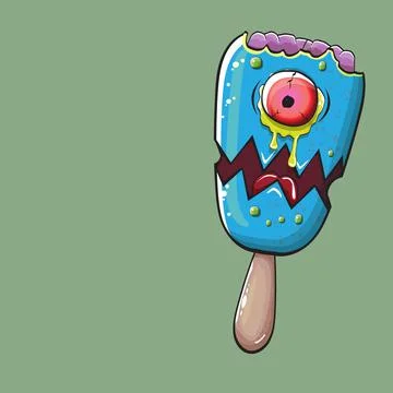 Vector Zombie ice cream with brain and red eyes isolated on green background Stock Illustration