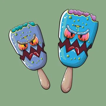 Vector Zombie ice cream with brain and red eyes isolated on green background Stock Illustration