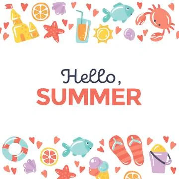 Vectore banner template with the text "Hello, summer" and cartoon icons Stock Illustration