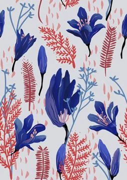 Vectorized pattern of blue flowers with red twigs Illustrazione stock