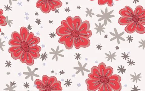 Vectorized pattern of red flowers and stars on grayish background, pattern .. Illustrazione stock