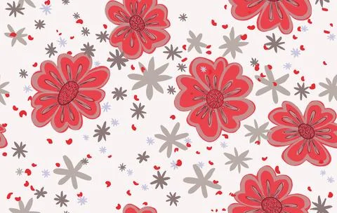 Vectorized pattern of red flowers, stars and red dots on grayish background.. Illustrazione stock