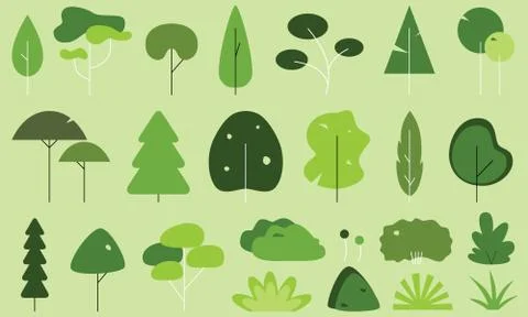 Vectors of set of flat, green trees, shrubs and bushes Stock Illustration