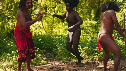 Vedda tribesman of Sri Lanka dancing a ritual dance before hunting, traditional Stock Footage 310231307