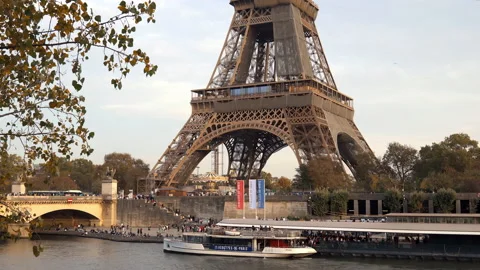 Vedettes de Paris dock and Eiffel Tower seen from the Port Debilly in Paris Stock Footage 224140233