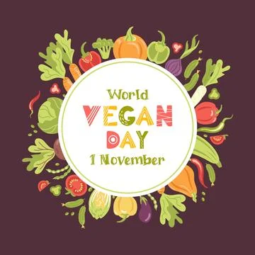 Vegan day. Round frame, wreath of fresh seasonal vegetables. Vector illustration Stock Illustration