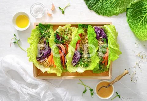 Vegan detox spring rolls with quinoa, sprouts and Thai peanut sauce Stock Photos