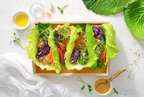 Vegan detox spring rolls with quinoa, sprouts and Thai peanut sauce Stock Photos