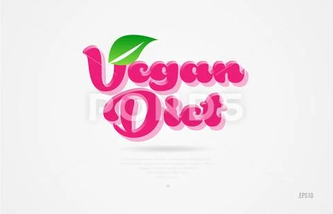 Vegan diet 3d word with a green leaf and pink color logo Stock Illustration
