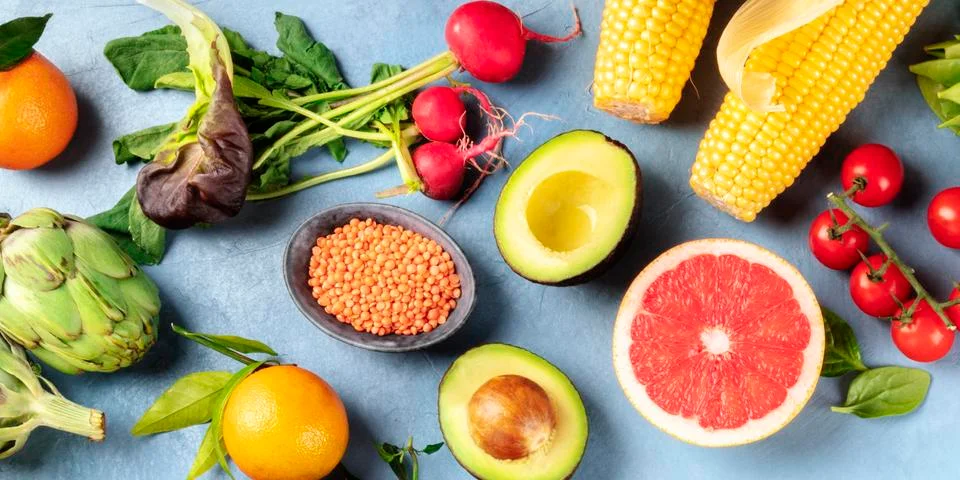 Vegan food, panoramic overhead shot. Healthy diet concept. Fruits, vegetables Stock Photos