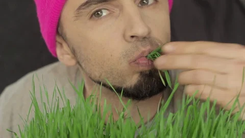 Vegan guy in a bright hat eats green grass Stock Footage 87981457