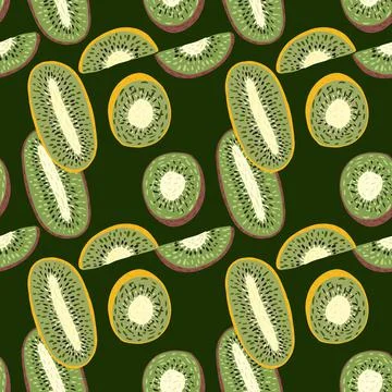 Vegan healthy seamless pattern with doodle kiwi elements print. Dark olive ba Illustrazione stock