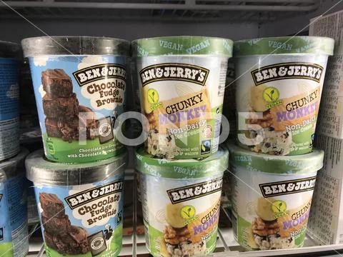 Vegan ice cream in a freezer box Stock Photos