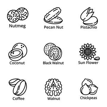 Vegan nuts icon set, outline style Stock Illustration