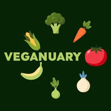 Veganuary concept with assorted fresh vegetables and fruits arranged around.. Stockillustratie