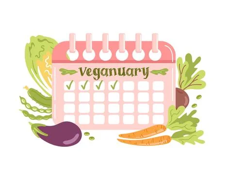 Veganuary. Pink calendar in cartoon style. Planning schedule with marked days Ilustración de archivo