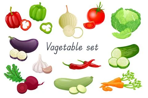 Vegetable 3d realistic set. Bundle of pepper, onion, tomato, cabbage, eggplant Stock Illustration