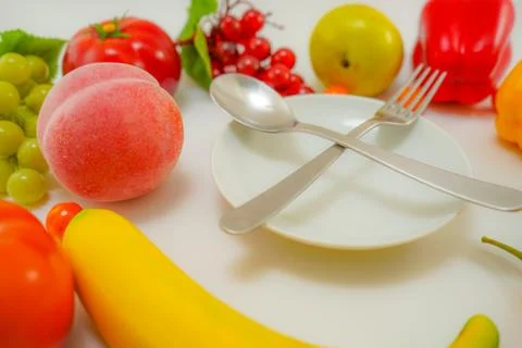 Vegetable and fruit and the dish was placed on the table Stock Photos