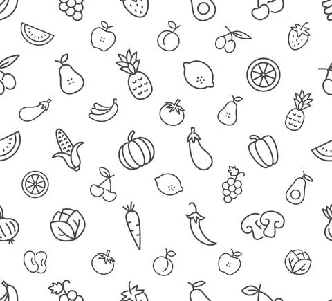 Vegetable and fruit seamless pattern - outline food background Stock Illustration