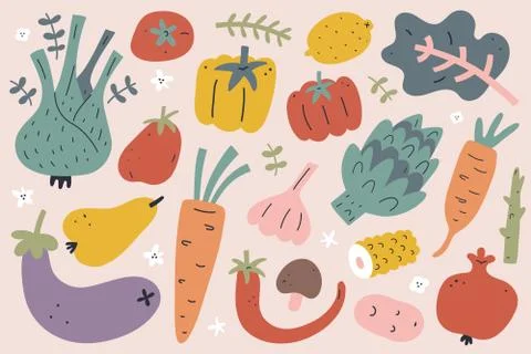 Vegetable and fruit set, hand drawn doodle illustration, modern vector clipart Illustrazione stock