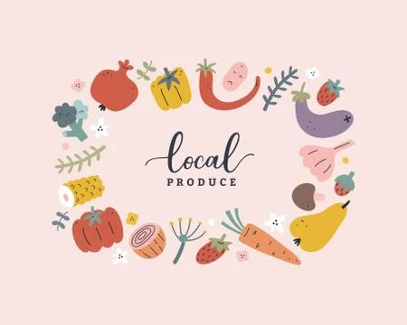 Vegetable and fruit vector template, modern design wreath border with hand drawn Stock Illustration