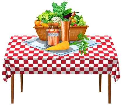 Vegetable and fruits on the table with checkered pattern tablecloth Stock Illustration