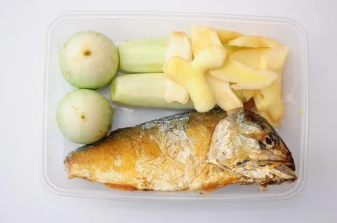 Vegetable and mackerel fish Stock Photos