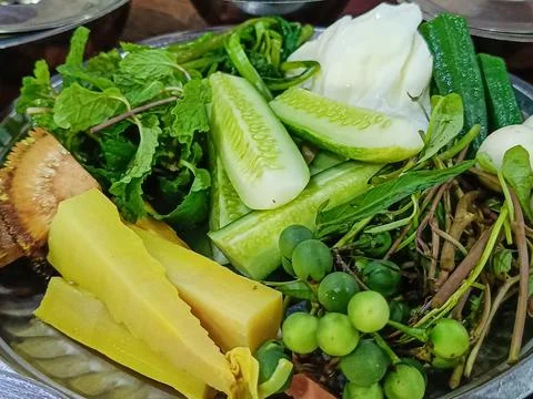 Vegetable and meat curry, Shrimp Paste Dip of various vegetables. Foto stock