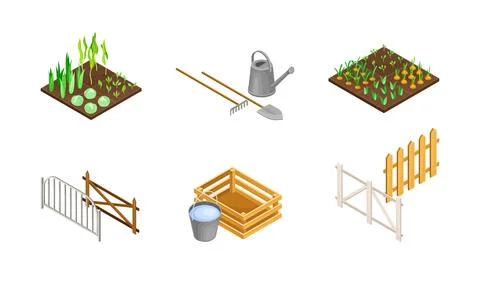 Vegetable Bed, Garden Implement with Shovel and Fence as Agricultural and Illustrazione stock