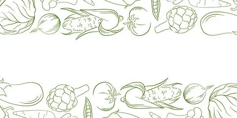 Vegetable border with corn, artichoke, eggplant, tomato, onion, carrot and Stock Illustration