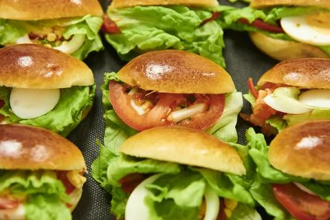 Vegetable bread roll with tomato, lettuce and egg Stock Photos