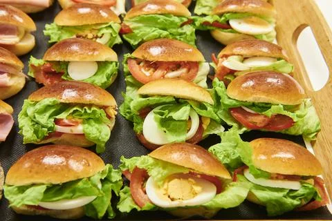 Vegetable bread roll with tomato, lettuce and egg Stock Photos