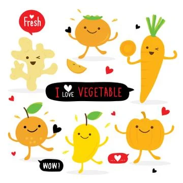Vegetable Cartoon Character, Ginger Pumpkin Mango Orange Carrot vector Stock Illustration