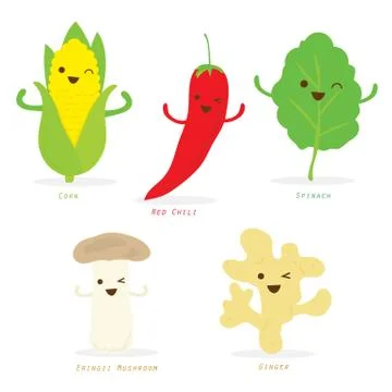 Vegetable Cartoon Cute Spinach Corn Chili Pepper Eringii Mushroom Ginger Vector Stock-Illustration