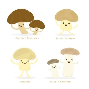 Vegetable Cartoon Cute Vector Shiitake Butter and Eringii Mushroom Vector Stock Illustration