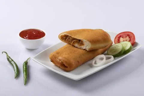 Vegetable Chicken roll isolated on white plate Stock Photos