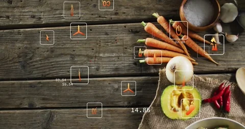Vegetable cluster being annotated, UI icons spawning left drifting grouping Stock Footage 323274580