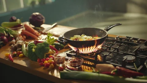 Vegetable cooking in frying pan Stock Footage 311835141