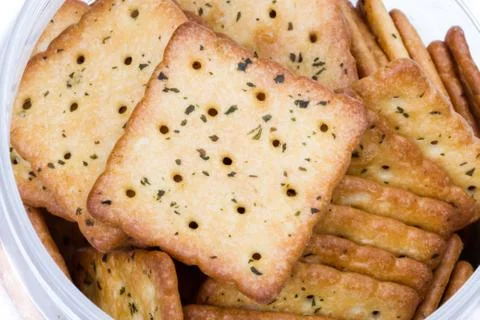 Vegetable crackers in plastic box 스톡 사진