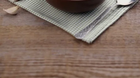 Vegetable cream soup on the table Stock Footage 85350060