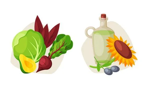Vegetable Crop with Cabbage and Beetroot and Sunflower Oil in Jar Vector Set Stock Illustration