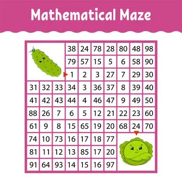 Vegetable cucumber, cabbage. Mathematical square maze. Game for kids. Number  Stock Illustration
