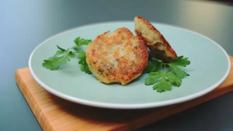 Vegetable Cutlets Fried and Served on Green Plate Indoors Stock Footage 342889495