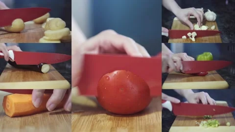 Vegetable Cutting Process Collage - Vegan food making Stock Footage 130698905