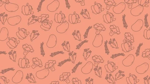 Vegetable doodle outlines repeat across an orange background creating a vibrant Vidéo 334368543