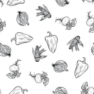 Vegetable doodle pattern hand drawing on white background. Doodle drawing 스톡 일러스트