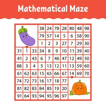 Vegetable eggplant, pumpkin. Mathematical square maze. Game for kids. Number  Stock Illustration